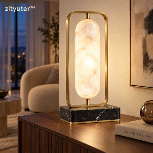 zityuter Alabaster Veil table lamp glowing in a luxury interior