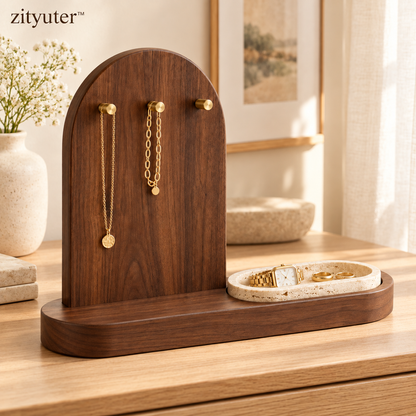 zityuter walnut jewelry organizer styled with necklaces watch and rings