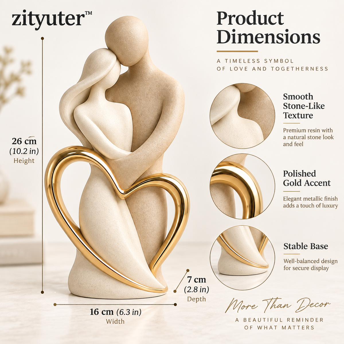 zityuter Eternal Embrace Gold Heart Couple Sculpture dimensions and details