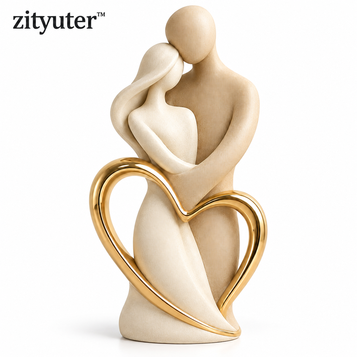 zityuter Eternal Embrace Gold Heart Couple Sculpture white background