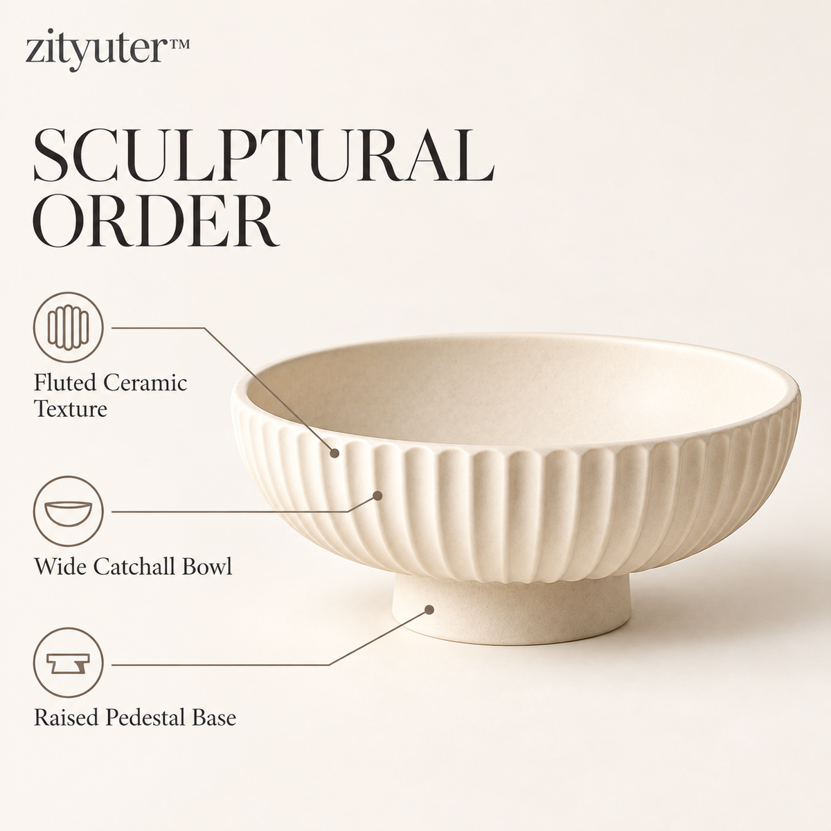 zityuter™ fluted ceramic pedestal catchall bowl features and material details