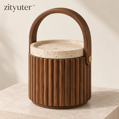 zityuter™ Fluted Walnut Storage Box with Travertine Lid - Main View