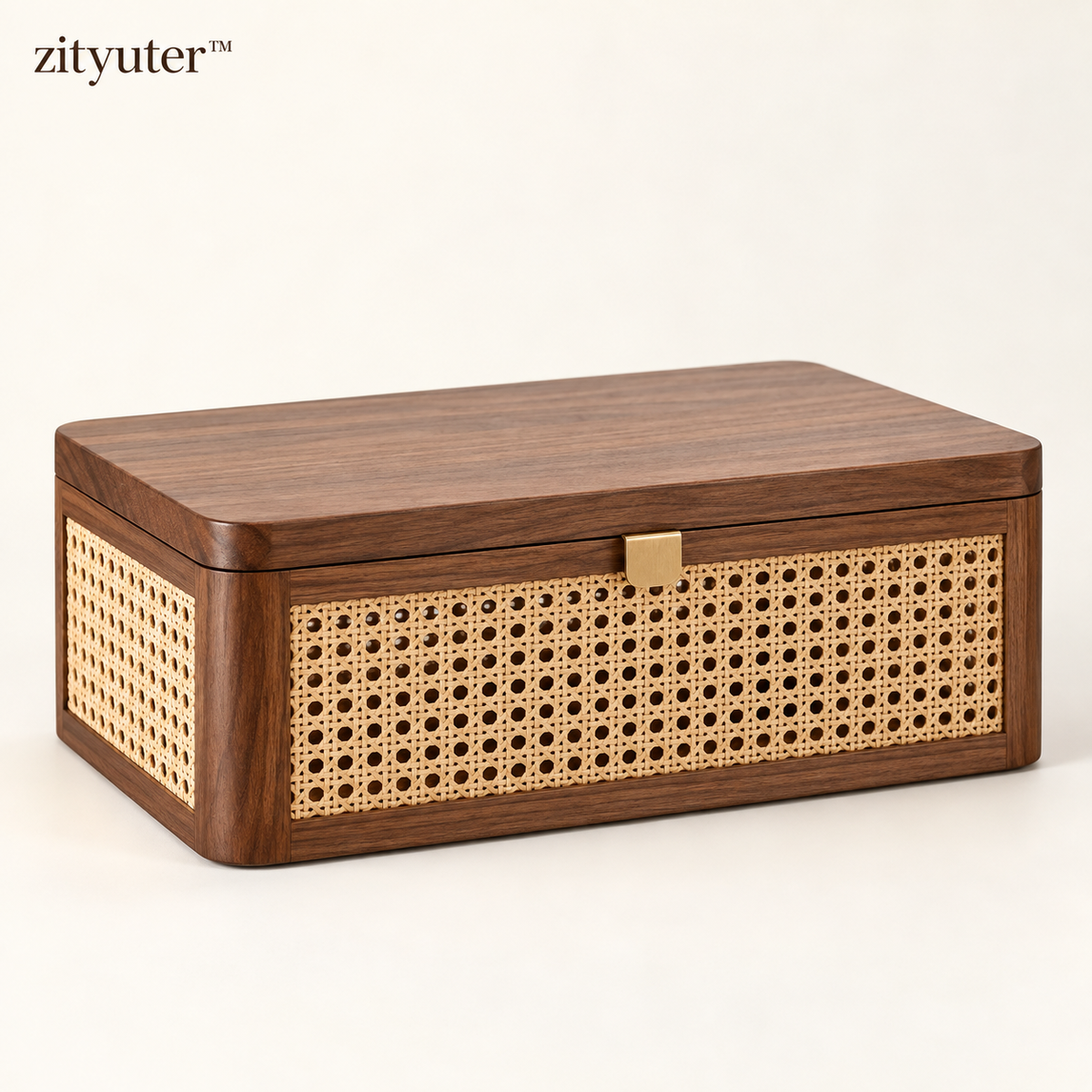 zityuter handwoven rattan and walnut lidded storage box main view