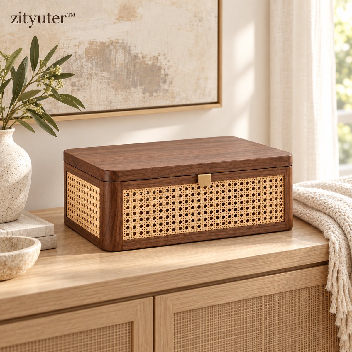 zityuter rattan walnut storage box styled on a bright console