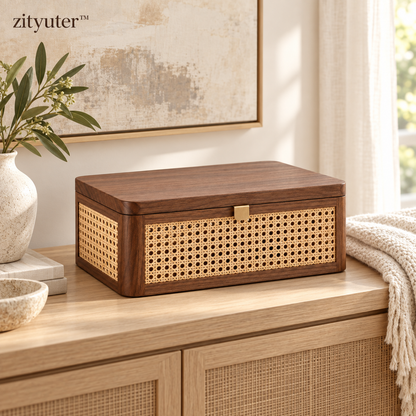 zityuter rattan walnut storage box styled on a bright console