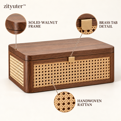 zityuter storage box walnut frame rattan weave and brass tab features
