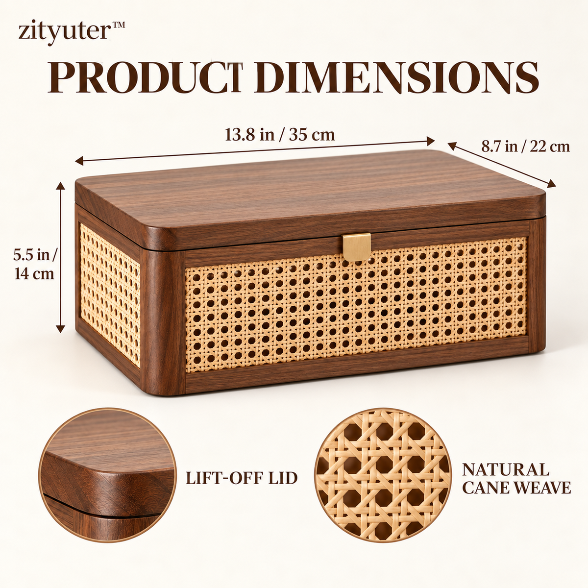 zityuter rattan walnut storage box dimensions and material details
