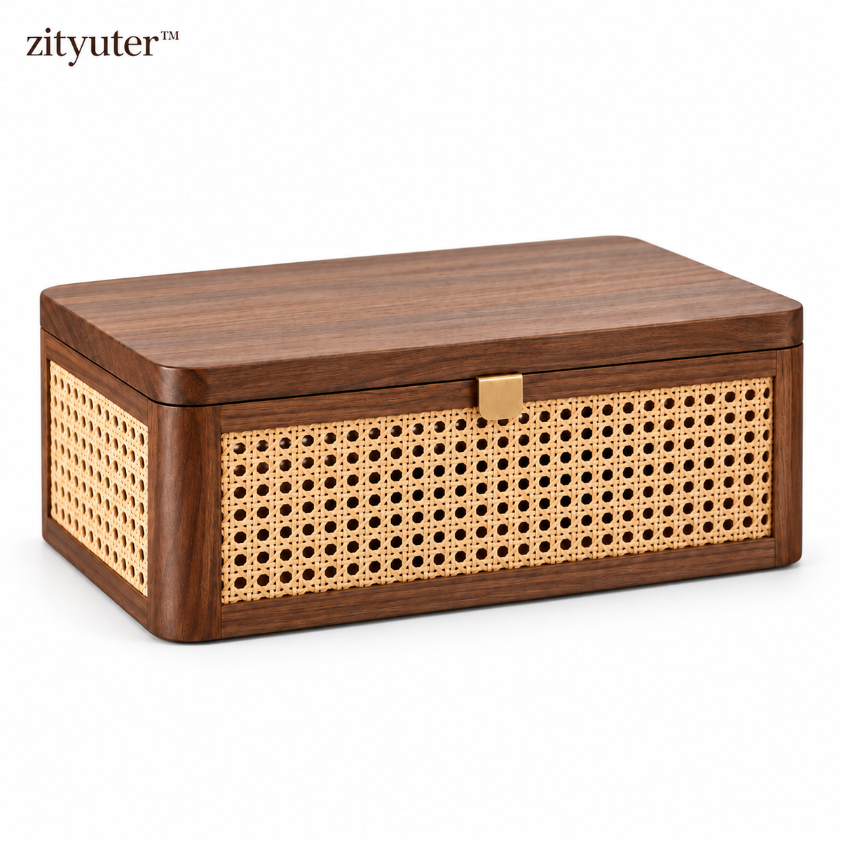 zityuter handwoven rattan walnut storage box on white background