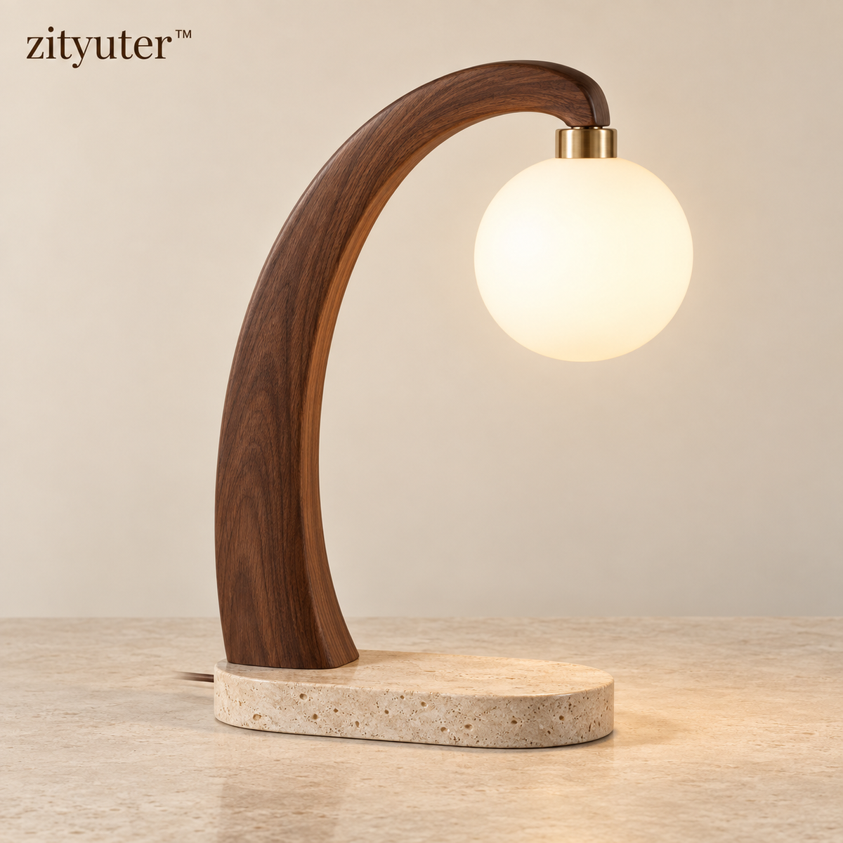 zityuter Sculptural Walnut Arc Table Lamp with opal glass globe and travertine base