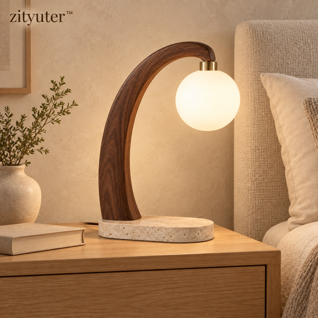 zityuter walnut arc table lamp in a warm neutral bedroom setting
