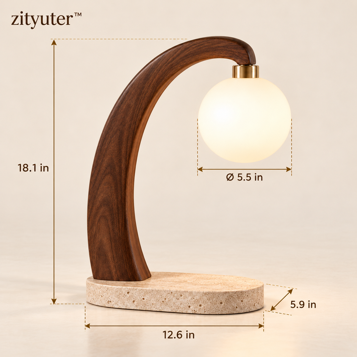 Sculptural walnut arc table lamp dimensions in inches