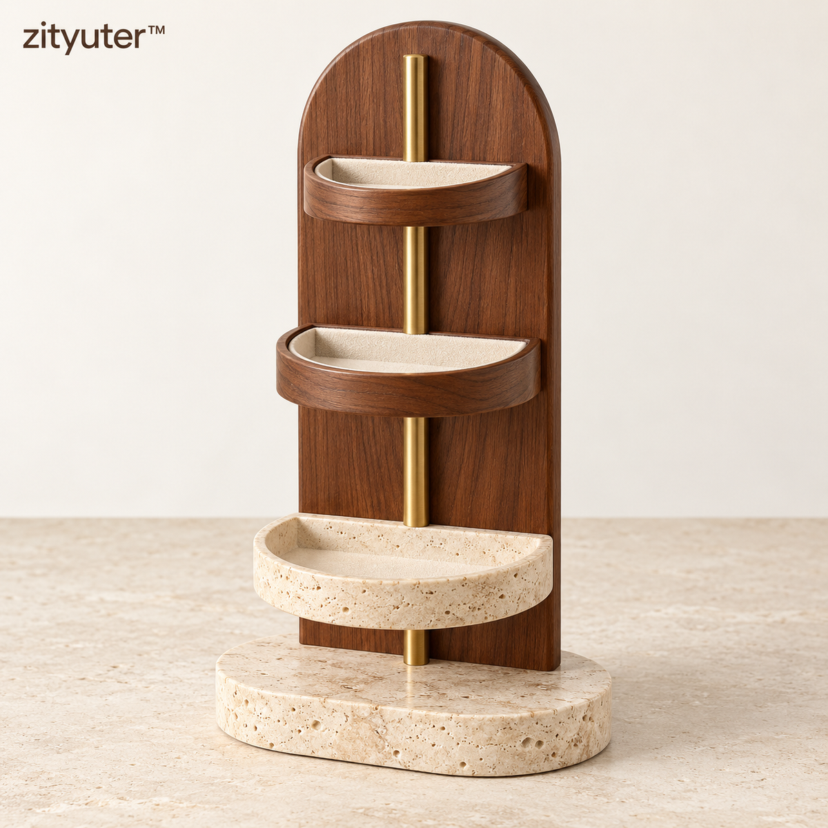 zityuter sculptural walnut halo three-tier vanity organizer main product view