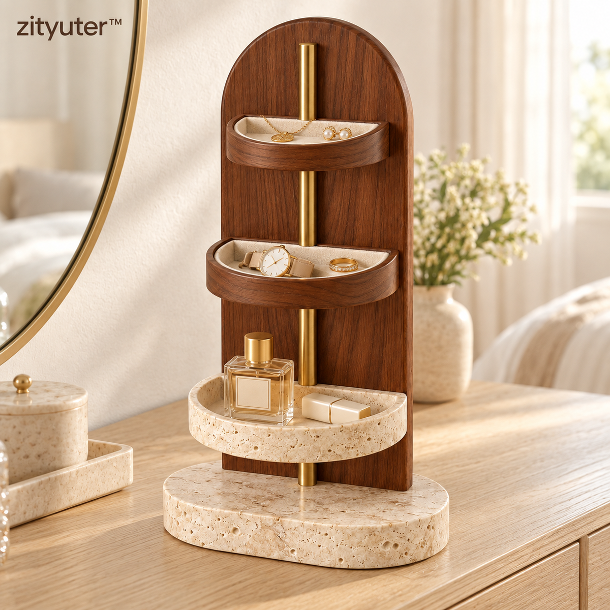 zityuter walnut halo vanity organizer in a bright modern bedroom