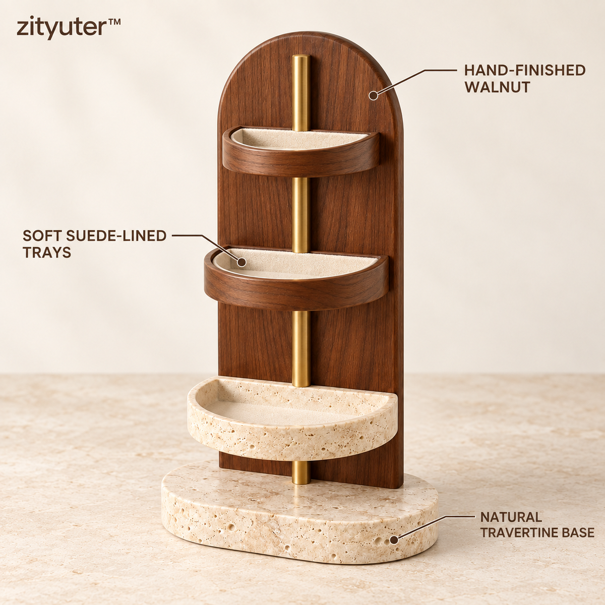 zityuter vanity organizer walnut suede-lined trays and travertine features