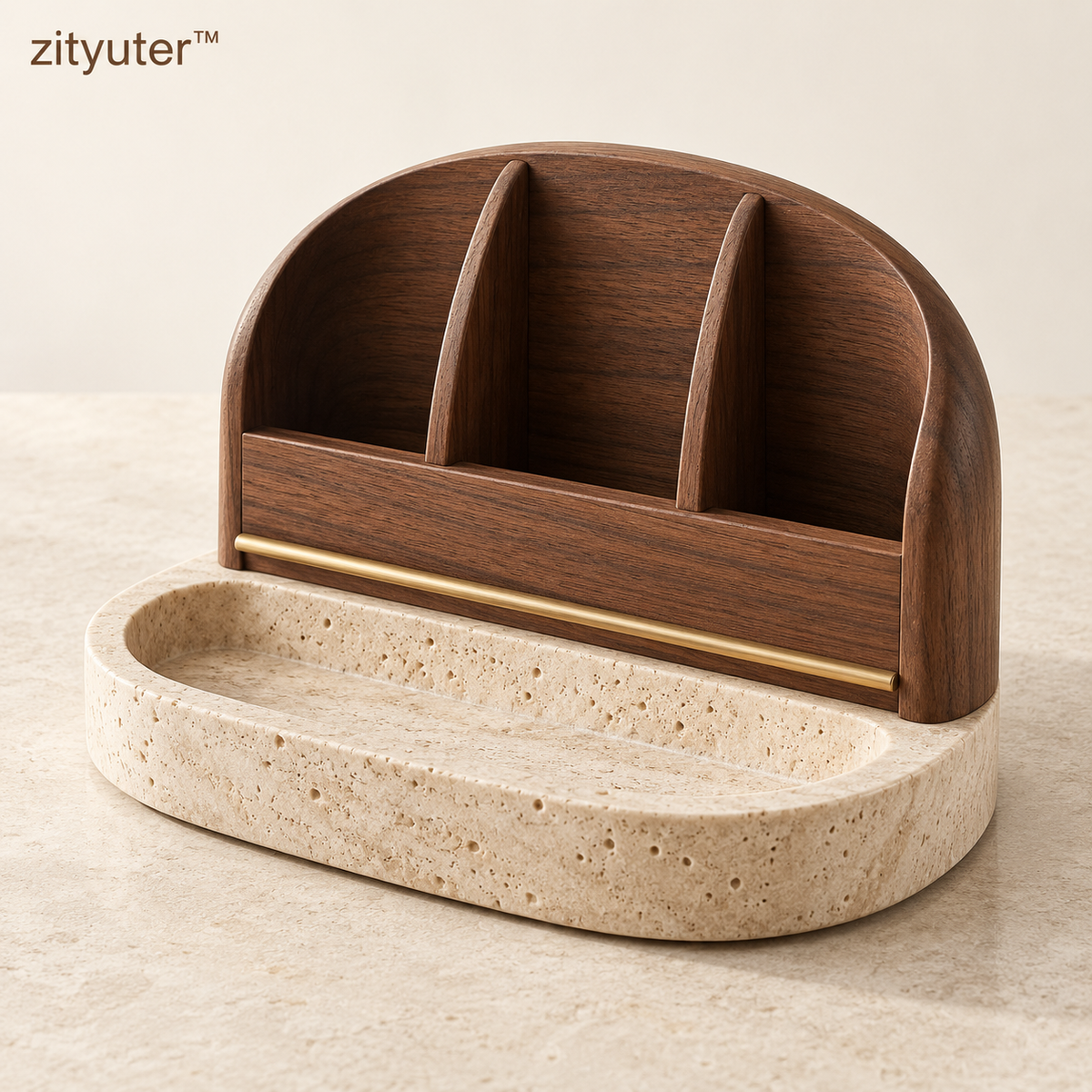 zityuter sculptural walnut and travertine media organizer main product view