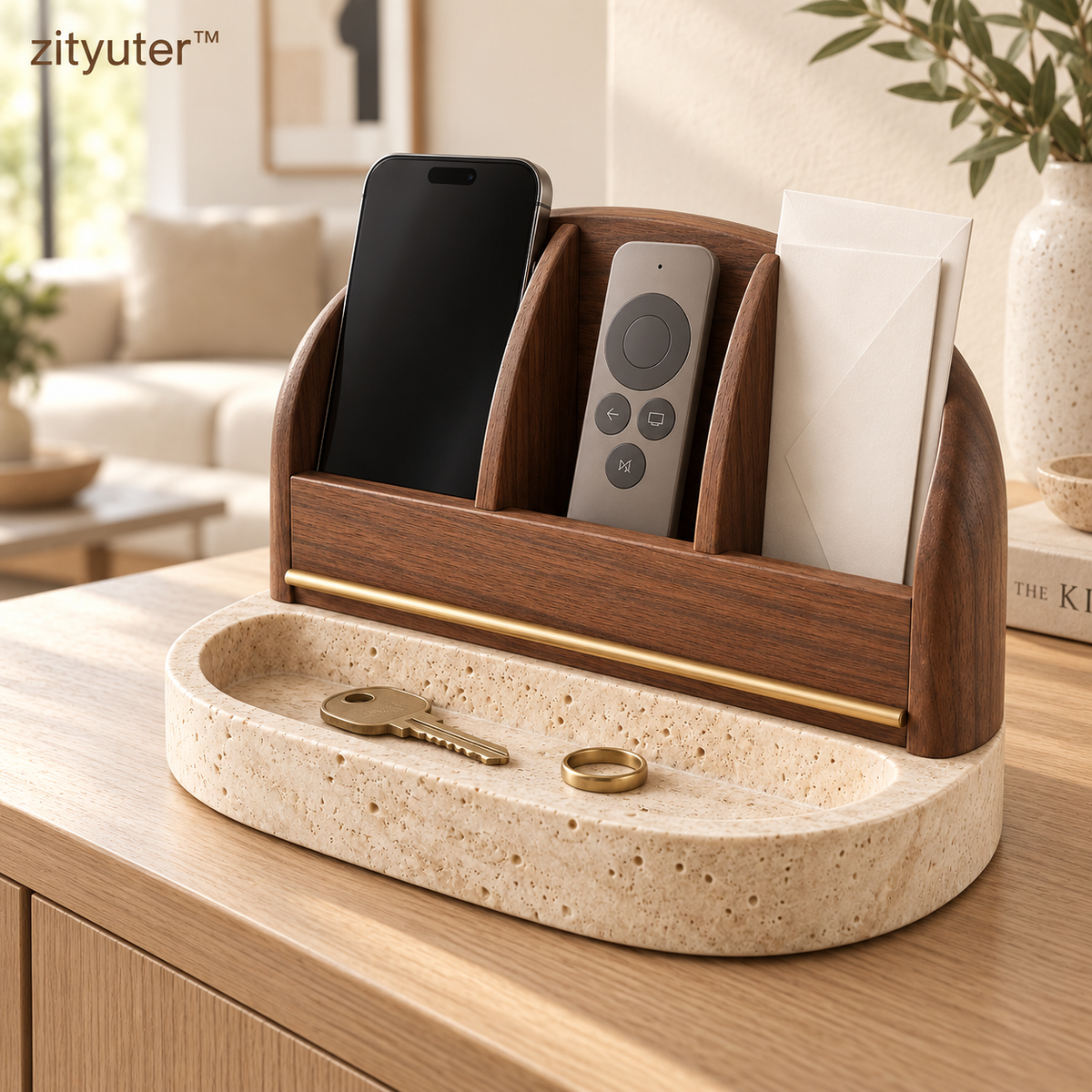 zityuter walnut and travertine media organizer in a modern living room