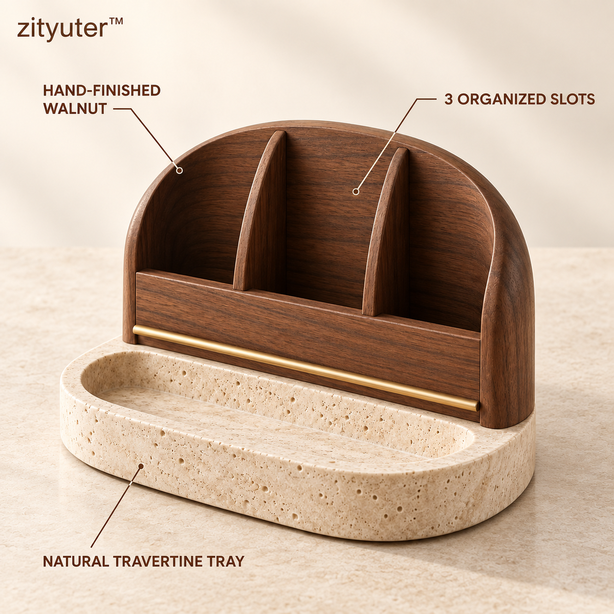 zityuter media organizer walnut three-slot and natural travertine features