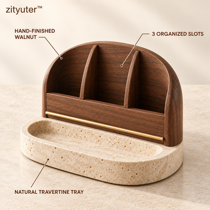 zityuter media organizer walnut three-slot and natural travertine features