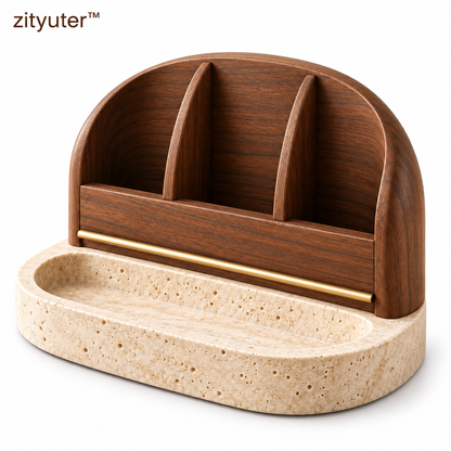 zityuter sculptural walnut and travertine media organizer white background