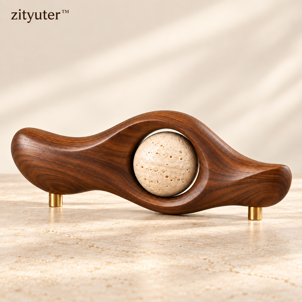 zityuter Sculptural Walnut Wave and Travertine Orb Decor with brass feet