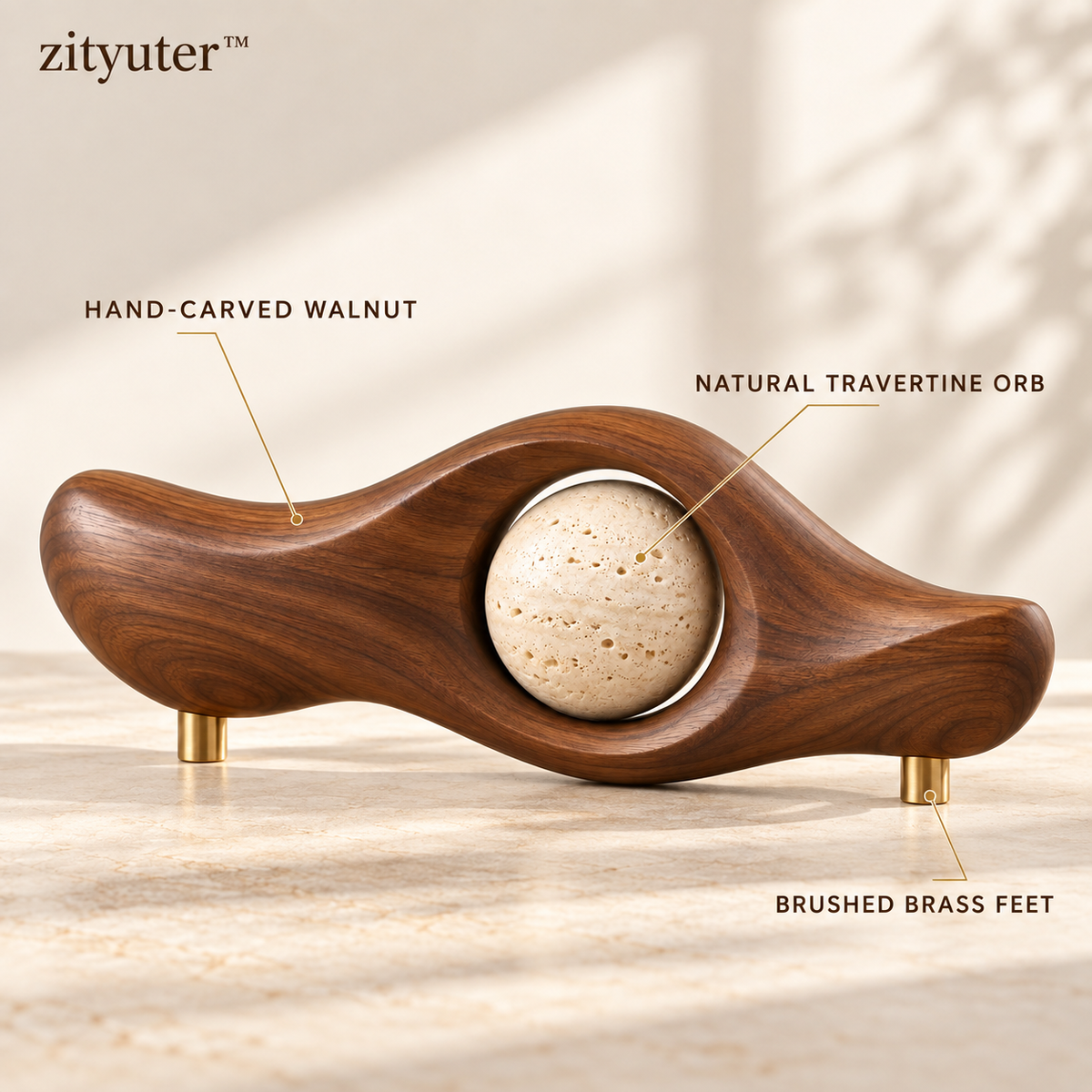 Walnut, natural travertine and brushed-brass material details