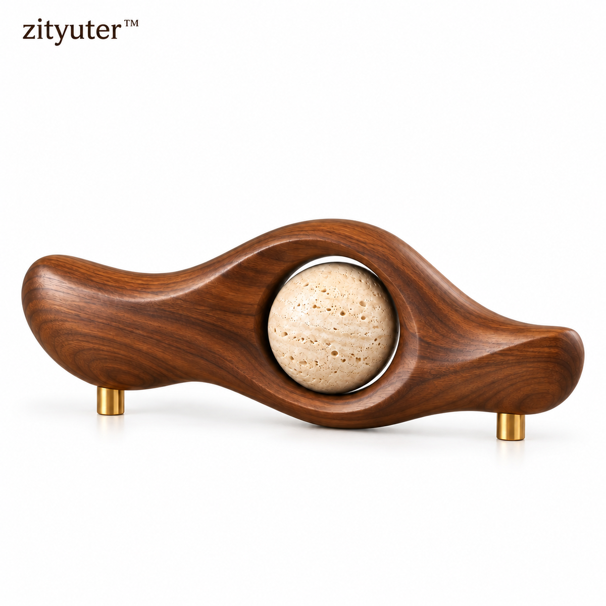 zityuter Sculptural Walnut Wave and Travertine Orb Decor on white background