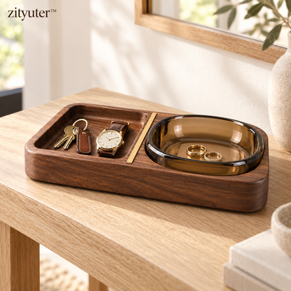 zityuter walnut valet tray styled in a warm home interior