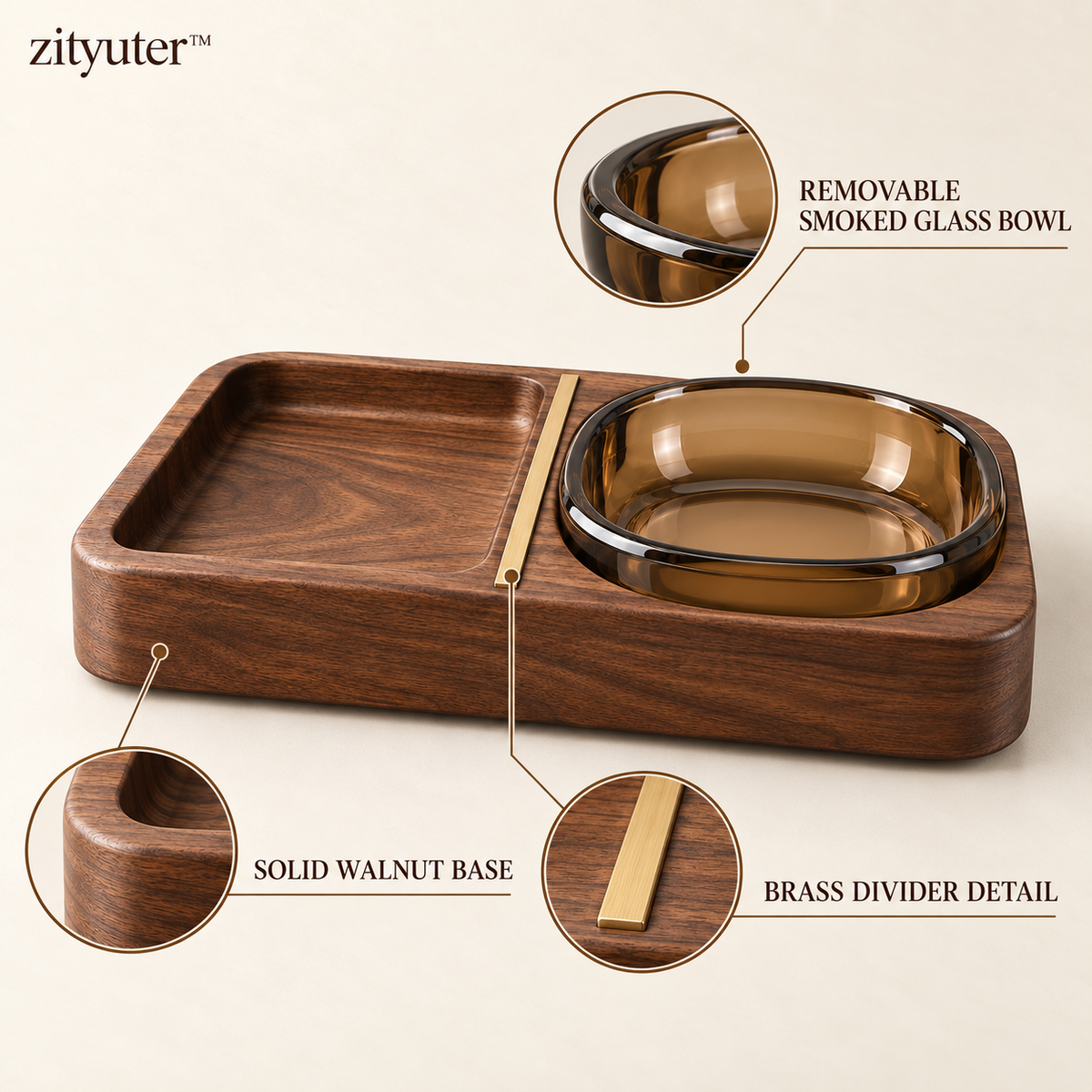 zityuter valet tray walnut smoked glass and brass features