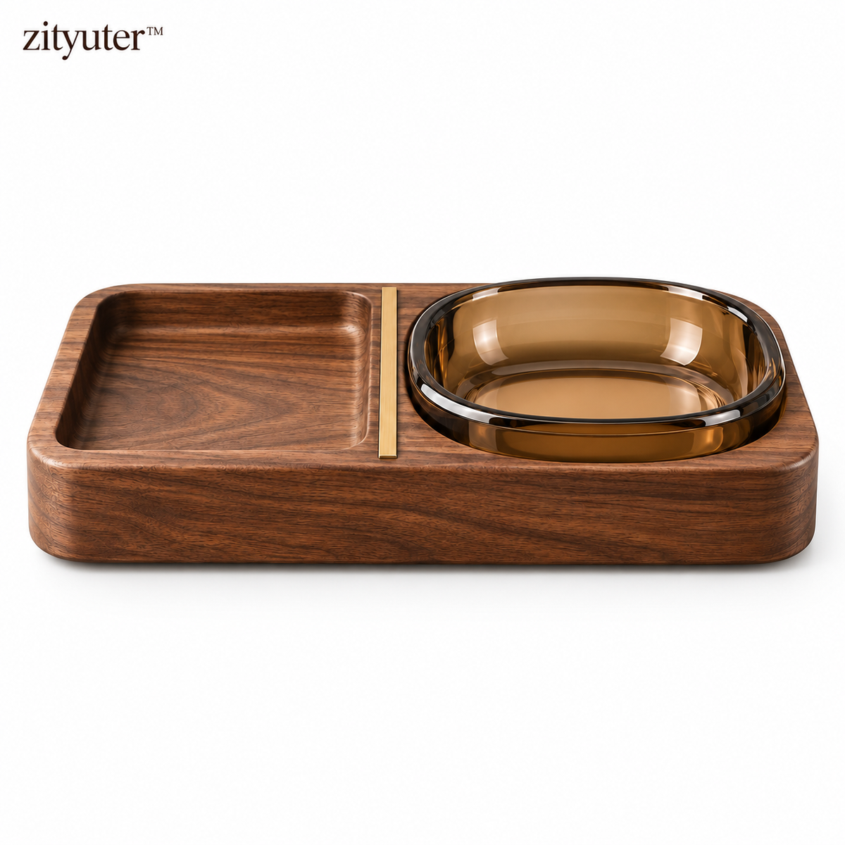 zityuter smoked glass and walnut valet tray on white background