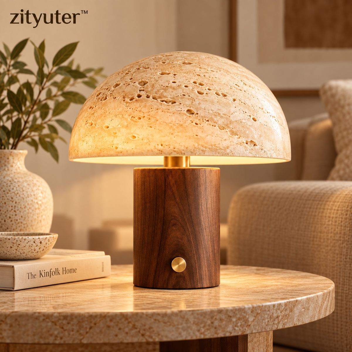 zityuter™ Travertine Mushroom Table Lamp in Warm Lifestyle Setting