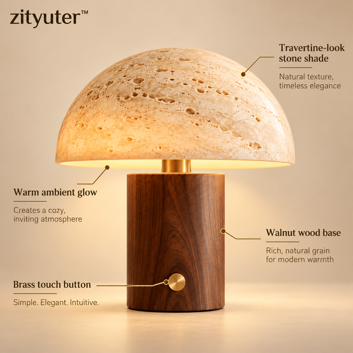 zityuter™ Travertine Mushroom Table Lamp Feature Highlights